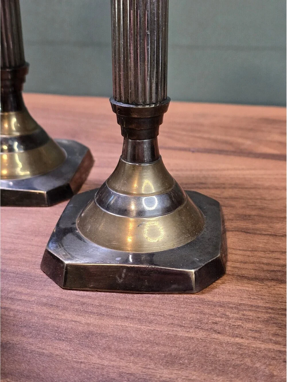 Vintage Corinthian Fluted Pillar Candlesticks Mixed Metal 3 Piece Trio Set